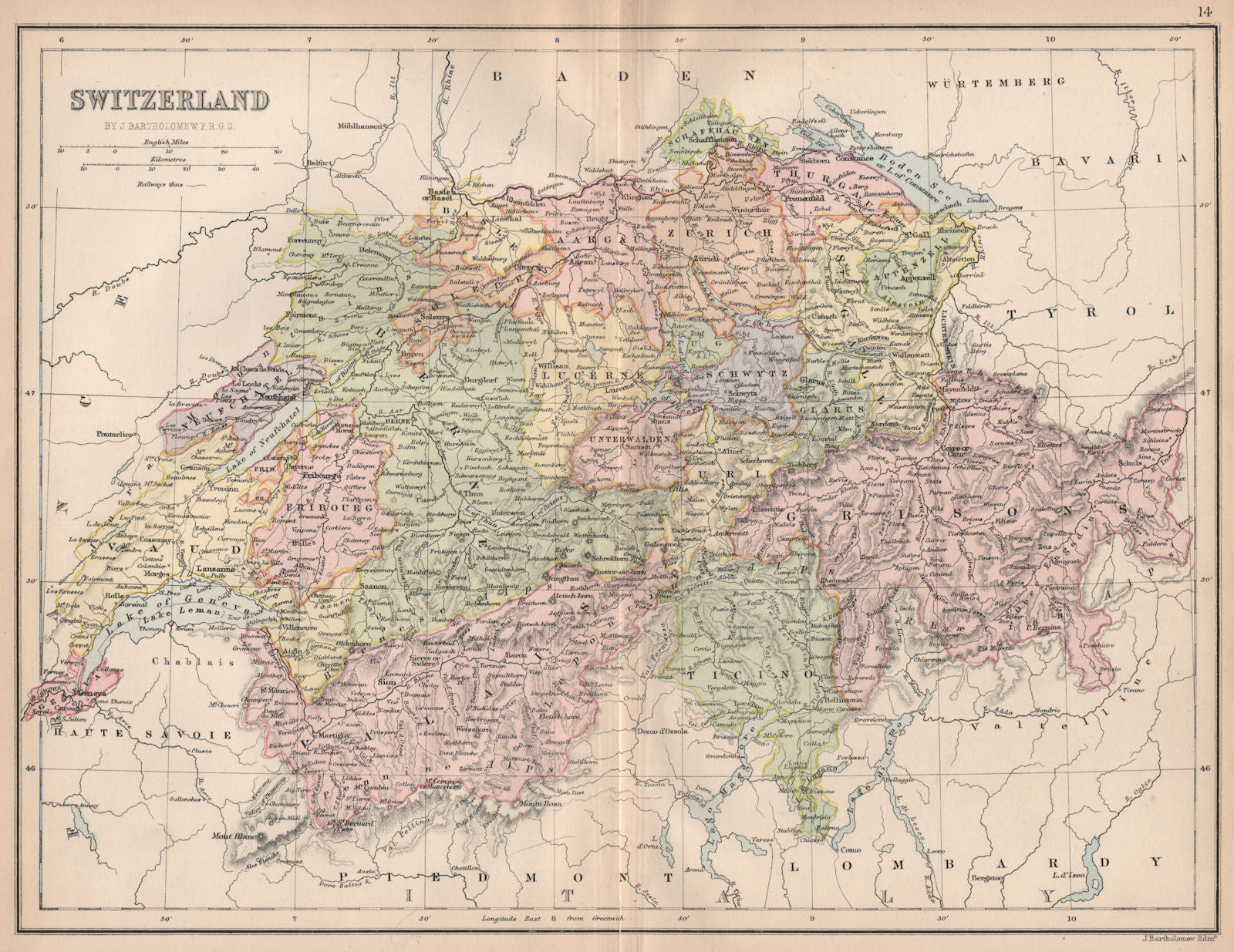 'Switzerland'. Cantons. Railways. BARTHOLOMEW 1878 old antique map plan chart